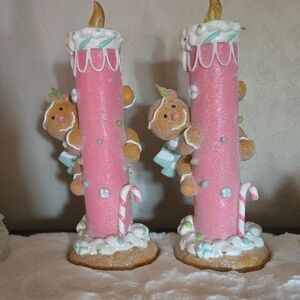 Festive Pink Glitter Candle Set with Gingerbread Figures